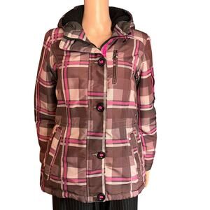 Zero Xposure Vintage Quilted Hooded Pink Plaid Jacket S Zip Pockets Ski Resort